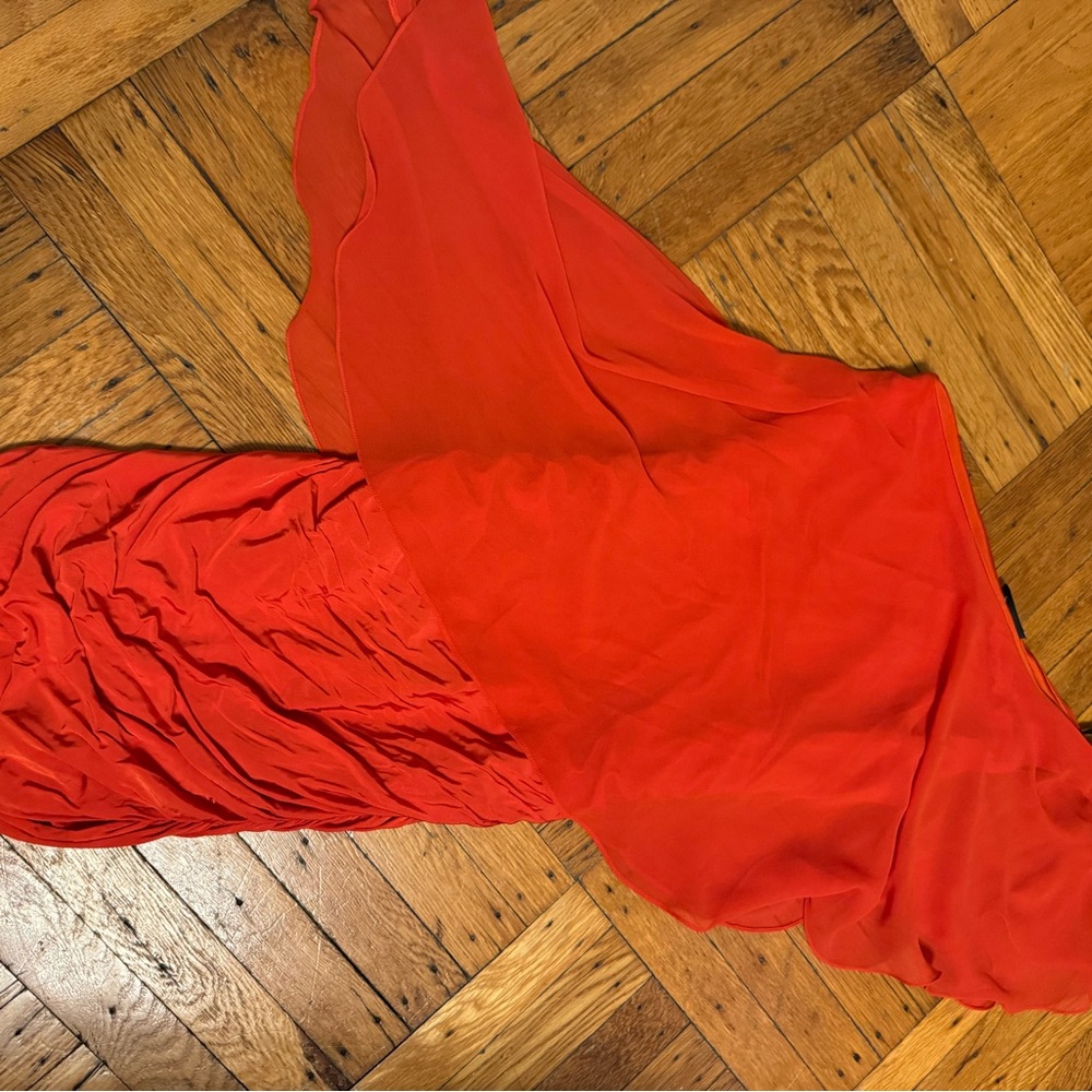 Bebe Red/ Orange One Shoulder Cocktail Dress - Picture 3 of 12